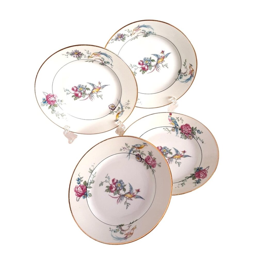 4 Limoges J.B. France Vintage Floral & Bird Porcelain 6" Dessert Plates Set